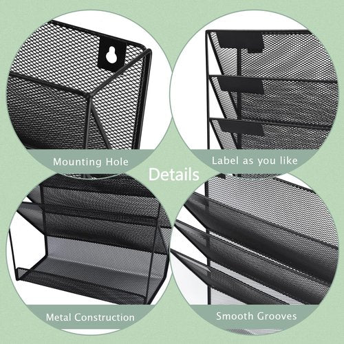 ideallife 3 Pockets Mesh Wall File Holder Organizer with Bottom Flat Tray, Office Hanging File Folder Magazine Rack, Nametag Label Hooks Set Included, Black