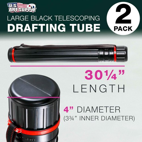 U.S. Art Supply Black Telescoping Drafting Tube (Pack of 2) - 4" Outside/3-3/4" Inside Diameter, Expands 30-1/4" to 52", Durable Protection with Shoulder Strap - Ideal for Posters, Blueprints, Art