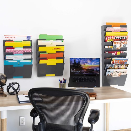 Wallniture Lisbon 15-Tier Wall Mounted File Holder and Desk Organizer, Metal Gray Office Organization and Storage Rack