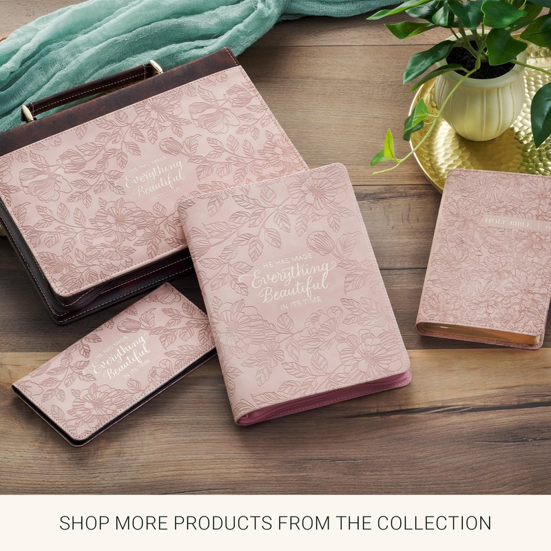 Christian Art Gifts Premium Vegan Leather Motivational Scripture Bookmark for Women: Everything Beautiful Encouraging Bible Verse, Smooth Satin Ribbon, Debossed Floral Reading Accessory, Pastel Pink