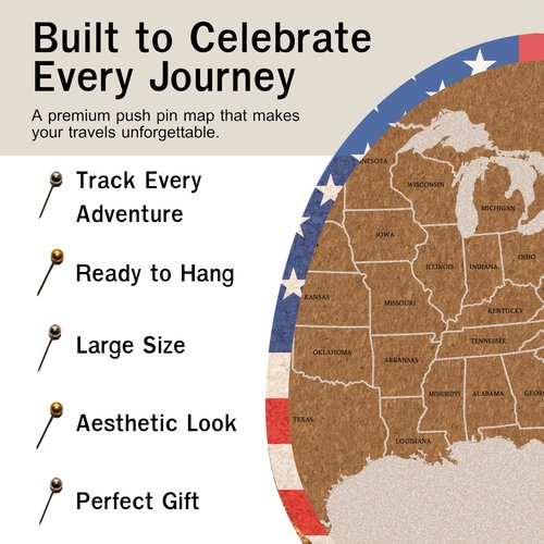 Push Pin USA Travel Map – Large 30" x 20" United States Pin Board with Premium Push Pins – Cork Display for Tracking U.S. Adventures – Unique Gift for Travelers, Couples, and Families
