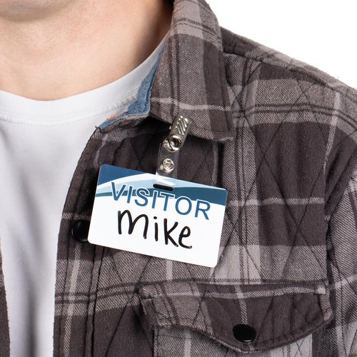 Reusable Visitor Name Badges with Dry Erase Surface, Various Custom Designs, 5-Pack (Badge Clip)