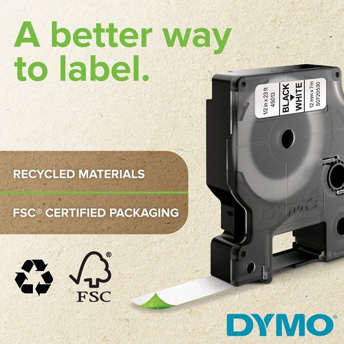 DYMO Standard D1 45010 Labeling Tape (Black Print on Clear Tape, 1/2'' W x 23' L, 1 Cartridge), DYMO Authentic (Pack of 2)