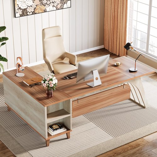 Tribesigns 78" L-Shaped Executive Desk, Large Modern Office Desk with Lateral File Cabinet and Drawer, Home Business Computer Workstation Set with Storage Shelves, Walnut & Oak