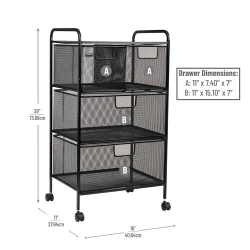 Mind Reader Cart with Drawers, Multipurpose Office Organizer, Utility Cart, Rolling Storage, Metal Mesh, Black