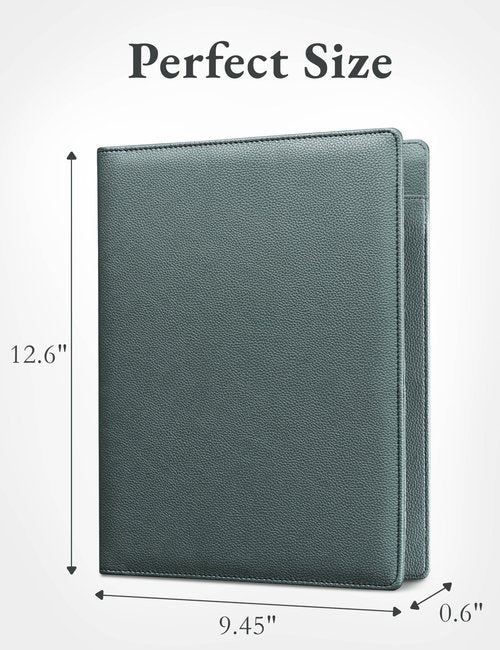 Mymazn Padfolio Portfolio Folder, Faux Leather Interview Resume Folder with Document Organizer & Business Card Holder, Letter-Sized Notepad Legal Pad Holder for Men Women (Grey Green)