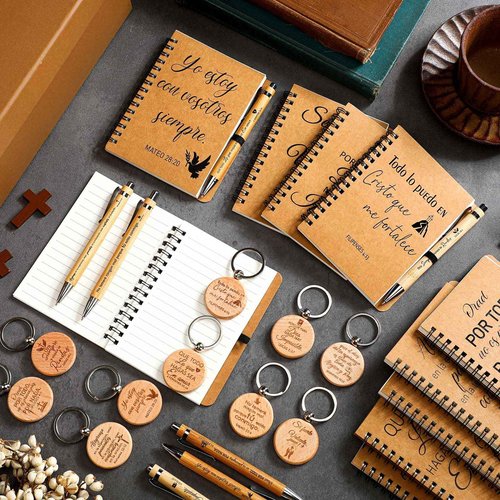 180 Pcs Spanish Christian Gifts Spiral Religious Notebooks Christmas Christian Gift Regalos Cristianos En Español Prayer Journal with Bible Pens and Keychain for Women Men Teacher Thanksgiving Church