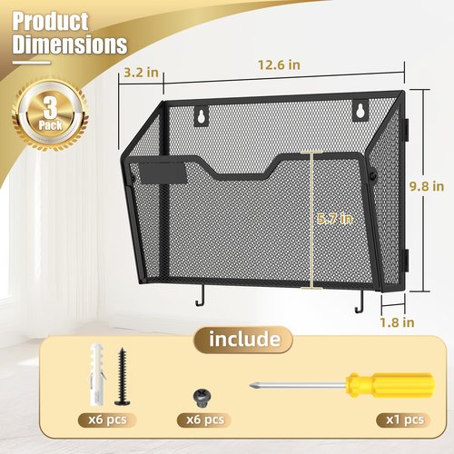 Docnest 3 Pack Hanging Wall File Holders, Mesh Wall Letter File Holder, Wall Mounted Mail Paper Document Folder Holder with Hooks for Office, Home, School, Black