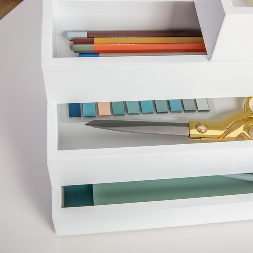 Martha Stewart Enzo Wooden Desk Drawer Organizer Set, Engineered Wood Organizers in Various Sizes, 6 Piece, White