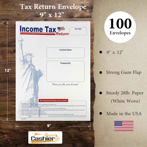 100 Cashier Depot Income Tax Return Envelope for Customers, Catalog Envelopes (Open Side), Premium 28lb. White, 100 Envelopes (White (Lady Liberty), 9 x 12)