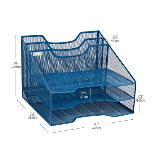 Mind Reader Metal Mesh Desktop File Organizer, 3-Tier Paper Tray with 5 Compartments, Office Mail Sorter, Turquoise