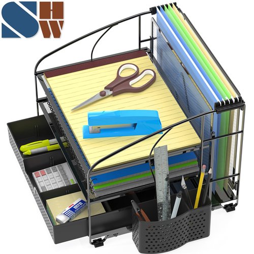 Simple Houseware 3-Tier Desk Organizer with Sliding Drawer, Hanging File Holder and Pen Holder Accessory, Black