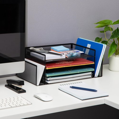 Mind Reader Desktop Organizer, File Storage, Paper Tray, Workspace, Office, Metal Mesh, 16.75"L x 9.15"W x 6"H, Black