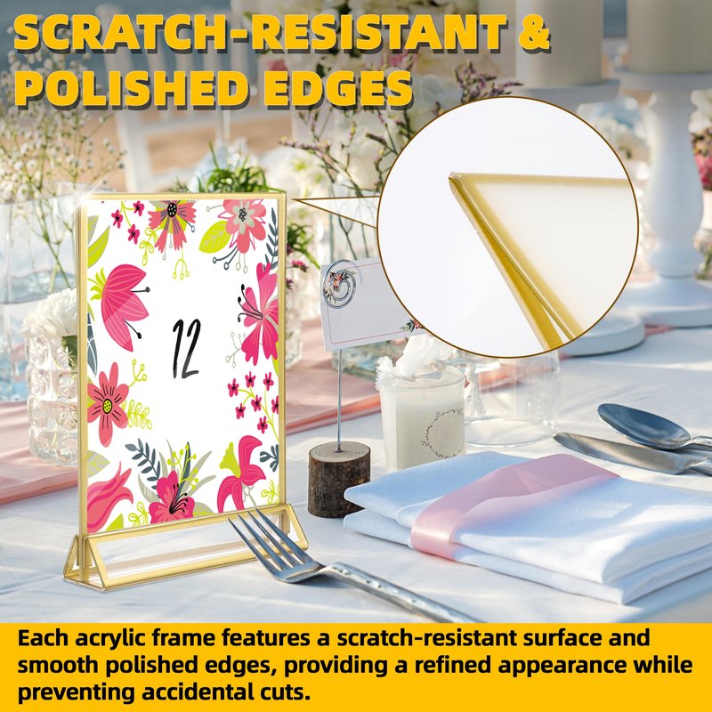 TonGass 12-Pack 5"x7" Gold Acrylic Picture Frames – 3mm Gold Border Wedding Table Number Holders, Clear Double-Sided Acrylic Sign Holders for Weddings, Banquets, Parties, Centerpieces