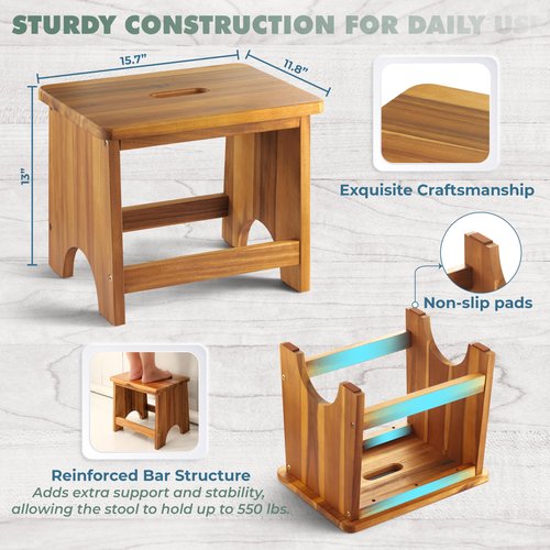 FANATU Wooden Step Stool, 13'' Heavy Duty Stepping Stool for Adults with Handle, Nonslip & Durable Design Supports up to 500lbs for Bedroom or Kitchen