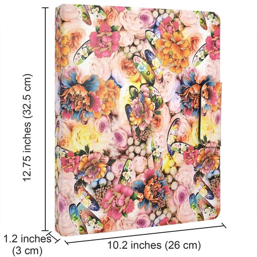Padfolio Ring Binder with Color File Folders, Flower Painting PU Leather Organizer Portfolio with 3-Ring Binder and Clipboard (Pink)