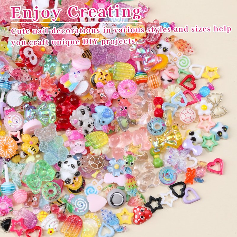 250Pcs 3D Kawaii Nail Charms Kit, Mixed Cartoon Candy Animal Fruit Resin Charms Flatback Gummy Bear Slime Charms Cute Star Heart Butterfly Daisy Flower Nail Supplies for Nails Phone Cases DIY Crafts