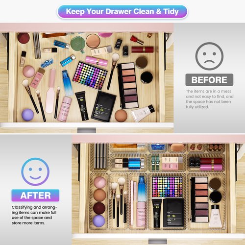 25 PCS Clear Plastic Drawer Organizer Set - 4 Sizes Makeup Organizer Desk Drawer Divider Bathroom Organizers and Storage Bins for Makeup, Jewelry, Gadgets, Office, Kitchen, Bedroom, Bathroom