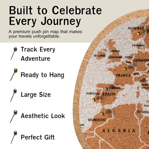 AdventureScape Push Pin Travel Map - Large 30" x 20" World Map Pin Board with Premium Push Pins Made from Framed Cork Board - Unique Custom Gift Idea for Travelers, Partner, Young Adults, and Parents