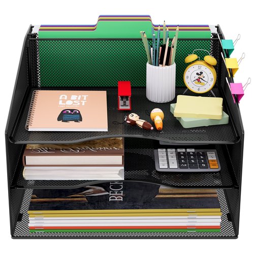 EasyPAG Mesh File Organizer for Desk, 3-Tier Paper Tray Organizer with Screw-Free Assembly & Letter Size Hanging File Holder, Metal Desk Organizer for Office Supplies, Documents, Folders, Black
