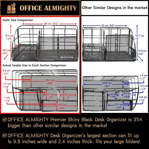 OFFICE ALMIGHTY Black Desk Organizer for Men: Exclusive Large 6 in 1 Mesh Shiny Metal Supplies Organizer with Pen Holders, Folder Holder & Accessories Drawer + BONUS 171 Clips Set w/a Plastic Box