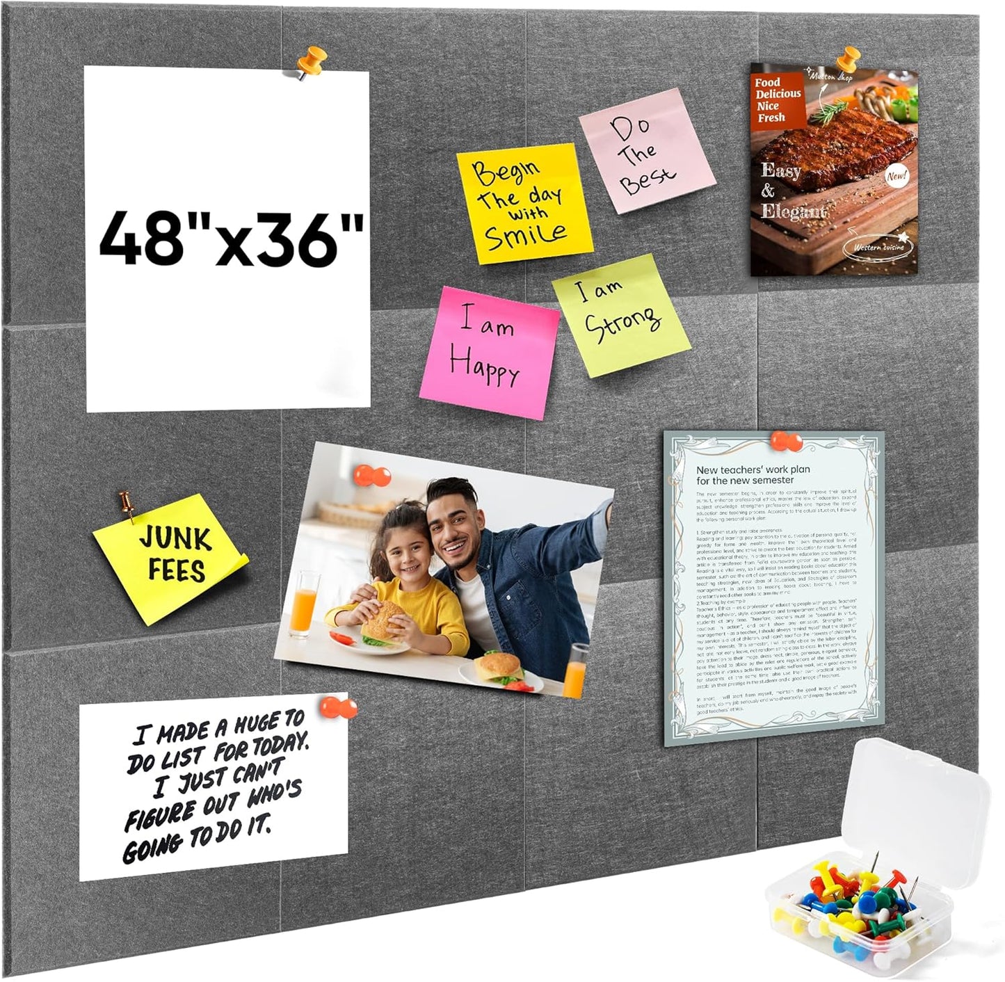 VUSIGN Large Cork Board - 47"x35" Bulletin Board with Adhesive Tabs & Push Pins | Grey Felt Wall Tiles