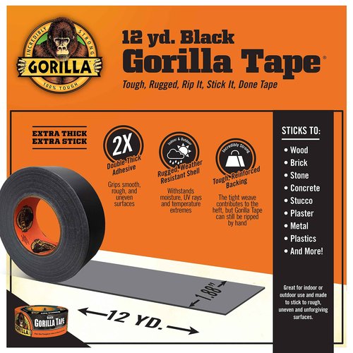 Gorilla Black Duct Tape, 1.88" x 12 yd, Black, (Pack of 4)