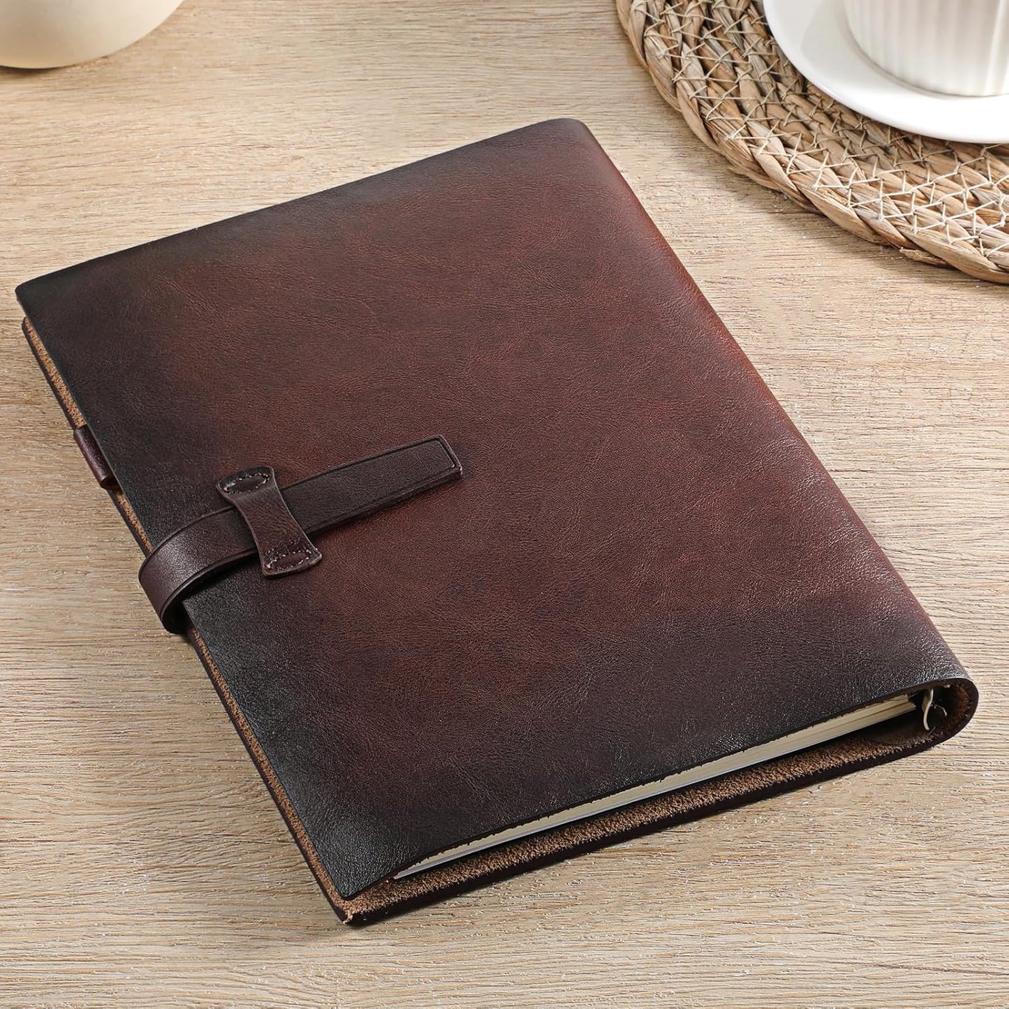 Skiennix Refillable A5 Leather Binder Notebook - Genuine Leather Journal with 6 Rings, Pocket & Card Slots