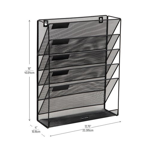 Mind Reader 5-Pocket Vertical File Storage, Desktop Organizer, Wall Mount, Office, Metal Mesh, Black