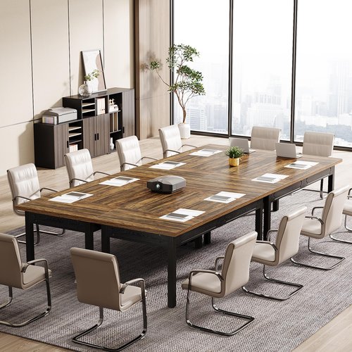 Tribesigns Rectangular Office Conference Table, Farmhouse Meeting Room Tables for 4-6 People, Business Seminar Table for Office Meeting Conference Room, Brown and Black
