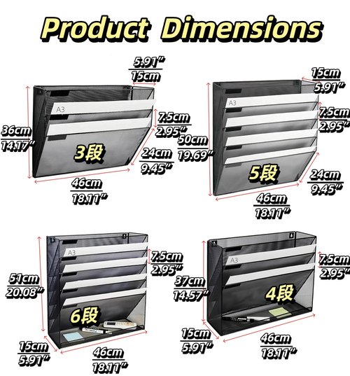 YFS 3 Tier Wall File Organizer, A3 Office Hanging Magazine Holder, Desktop Vertical Mail Paper Folder Holder Rack, Home Office Organization and Storage, Black (3 Tier ,black)