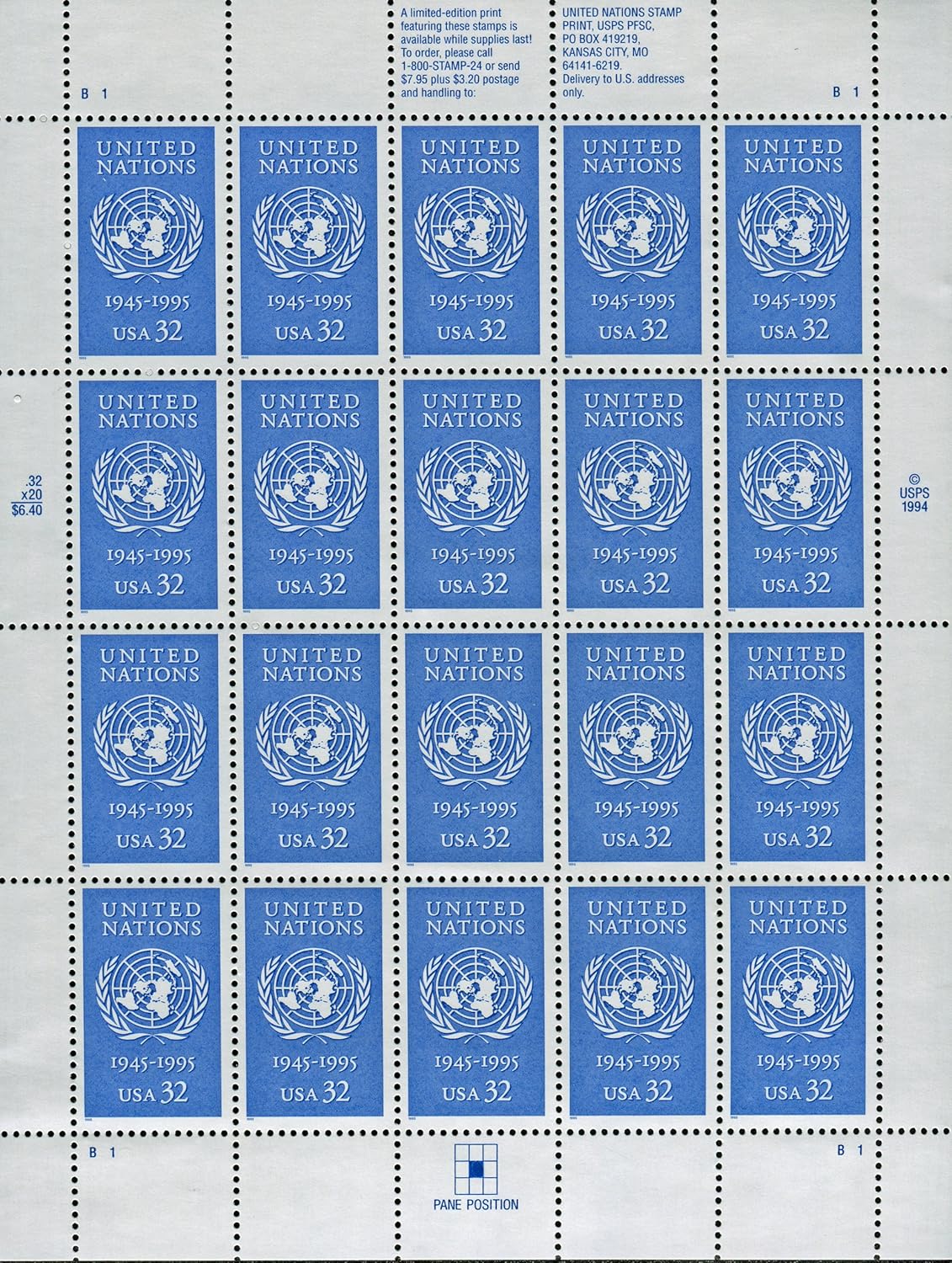 United Nations 50th Anniversary Stamps - 32-Cent Mail-Use Additional Postage | Sheet of 20