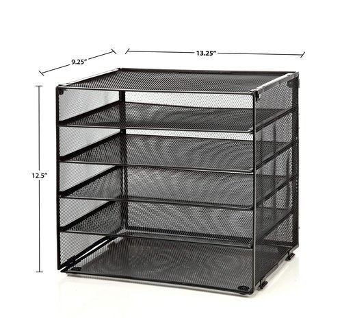 StorageMax Desk File Organizer, Desktop Wire Mesh Sorter with 5 Compartments and 4 Retractable Trays for Mail, Papers, Letters, Folders and Binders. Office Accessories. Black