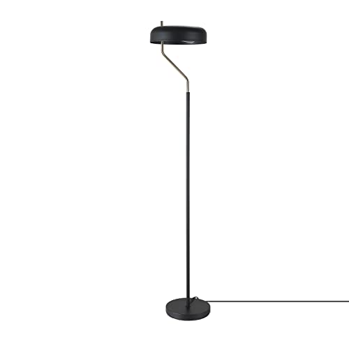 GLOBE Electric 67506 Powell 63" Floor Lamp, Matte Black, Antique Brass Accent, Stepless Rotary Dimmer Switch on Socket