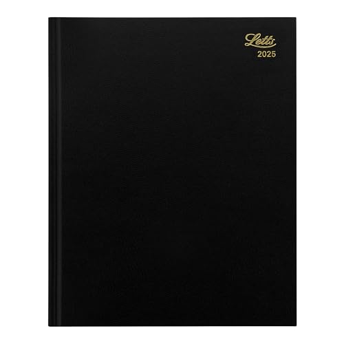 Letts of London Standard Quarto Day to a Page Planner in Leather-Look Hard Cover, 10.25-inch Length, Black, Office and School Supplies