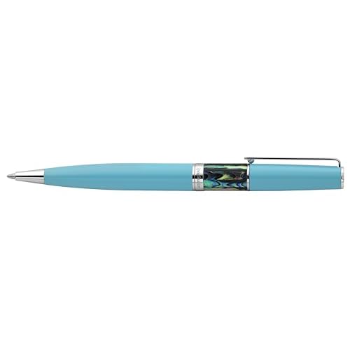 Xezo Speed Master Twist Action Medium Ballpoint Pen. Matte Sky Blue with P?ua Abalone Sea Shell. Chrome Plated. Lightweight Brass Body. No Two Alike. Etched With a Serial Number