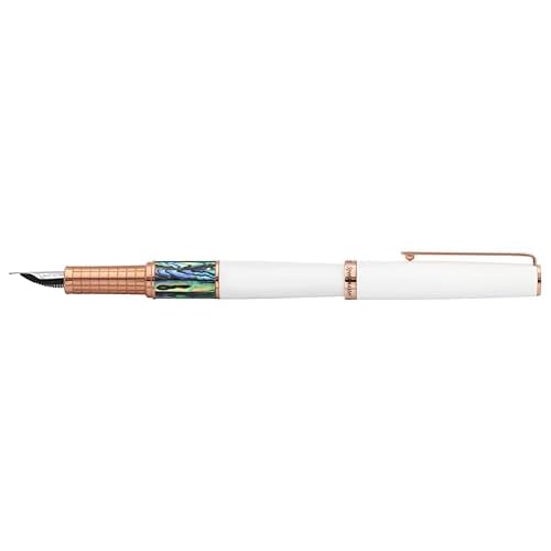 Xezo Speed Master Fountain Pen, Medium Nib. Matte White Color with P?ua Abalone Sea Shell. Rose Gold Plated. Lightweight Brass Body. No Two Alike. Etched With a Serial Number