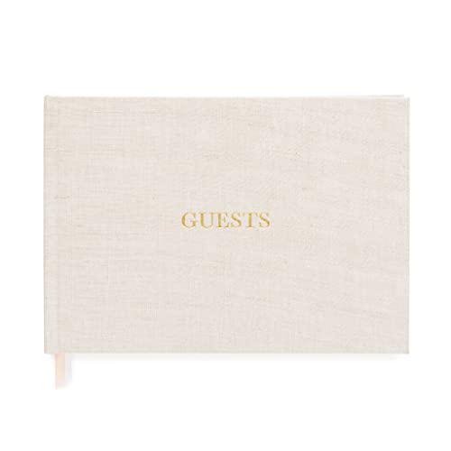Sugar Paper Guest Book, Book Cloth Cover, 60 Blank Pages, 10 x 7 Inches, Ribbon Page Markers, Wedding Guest Book, Vacation House Guest Book, Baby Shower Guest Book (Flax)