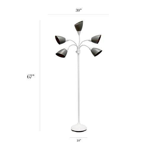 Simple Designs LF2006-GOW 67" Contemporary Multi Head Medusa 5 Light Adjustable Gooseneck White Floor Lamp with Gray Shades for Kids Bedroom Playroom Living Room Office