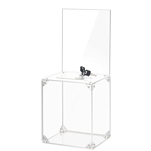KYODOLED Large Tall Acrylic Donation Box with Slot and Lock, Clear Ballot Box with 6"x8" Sign Holder Storage Container for Voting, Raffle,Tip Jar, 6.7"x5.23"x8"