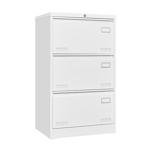 Jintop 3 Drawer Lateral File Cabinet with Lock and Card Holder, Multifunctional Metal Filing Cabinets w/Heavy 3 Section Slide Rail & Breathable Holes,for Legal/Letter/A4,White