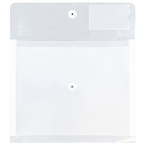 JAM Paper Plastic Envelopes with Button & String Tie Closure - 12 Pack, 3 Pockets, Clear, 12.75 x 10.5 inches