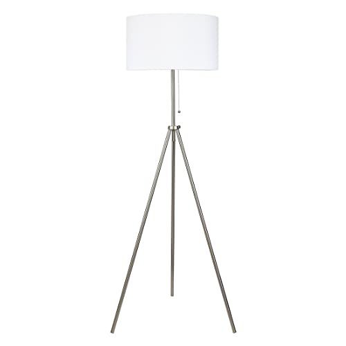O¡¯Bright Tripod Floor Lamp, Adjustable in Height, 100% Metal Body with Linen Drum Shade, E26 Socket, Bedside Lamp, Standing Light for Living Room, Bedroom, Office, Brushed Nickel