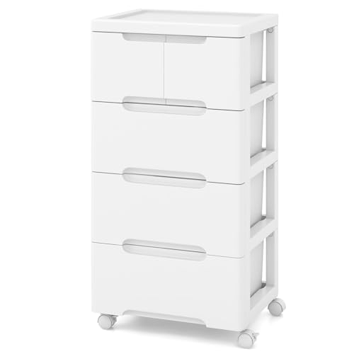 Giantex 16" x 13" x 31" 5-Drawer Rolling Storage Cart on Wheels, White Plastic Organizer