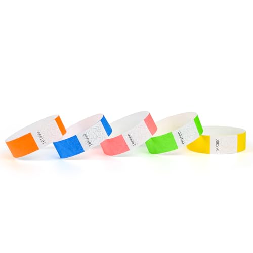 DGBDPACK 500 Pcs Neon Wristbands, 1-500 Consecutive Numbers, 5 Colors, Waterproof Tearproof Wrist Straps Admission Bracelets Tickets (Assorted)