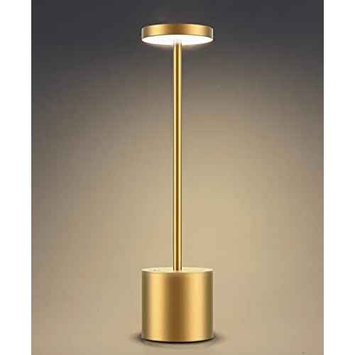 Cordless Table Lamp, Rechargeable LED Battery 6000mAh Metal USB Portable Powered Desk Lamp, 3 Levels Brightness Light for Restaurants Outdoor (13.25in Gold)
