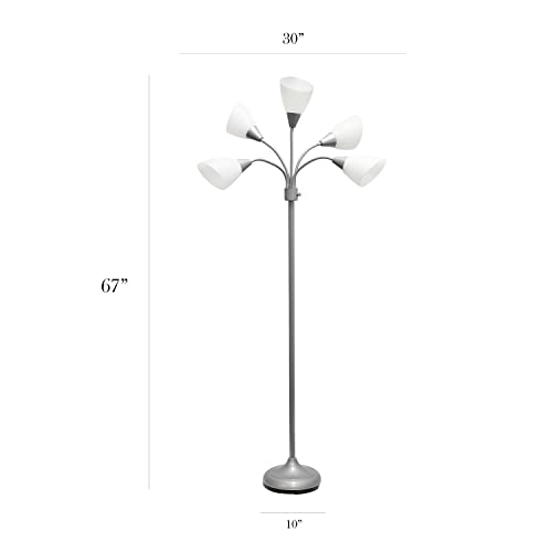 Simple Designs LF2006-SVW 67" Contemporary Multi Head Medusa 5 Light Adjustable Gooseneck Silver Floor Lamp with White Shades for Kids Bedroom Playroom Living Room Office
