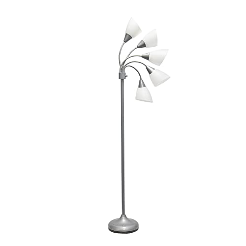 Simple Designs LF2006-SVW 67" Contemporary Multi Head Medusa 5 Light Adjustable Gooseneck Silver Floor Lamp with White Shades for Kids Bedroom Playroom Living Room Office