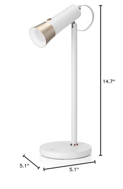 Dimmable LED Desk Light Study Lamp w/Adjustable, Rechargeable & Detachable Head - Home/Dorm/Office Table Lighting for Work, Reading & Studying - White/Gold