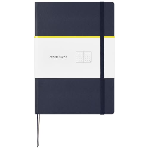Maruman Mnemosyne Dot Grid Journal- A5, 8.5" x 6.02", 120 Sheets / 240 Pages, 5mm Doted Notebook, Book-bound With Premium Navy Hardcover, Includes Bookmark & Elastic Closure, Made in Japan